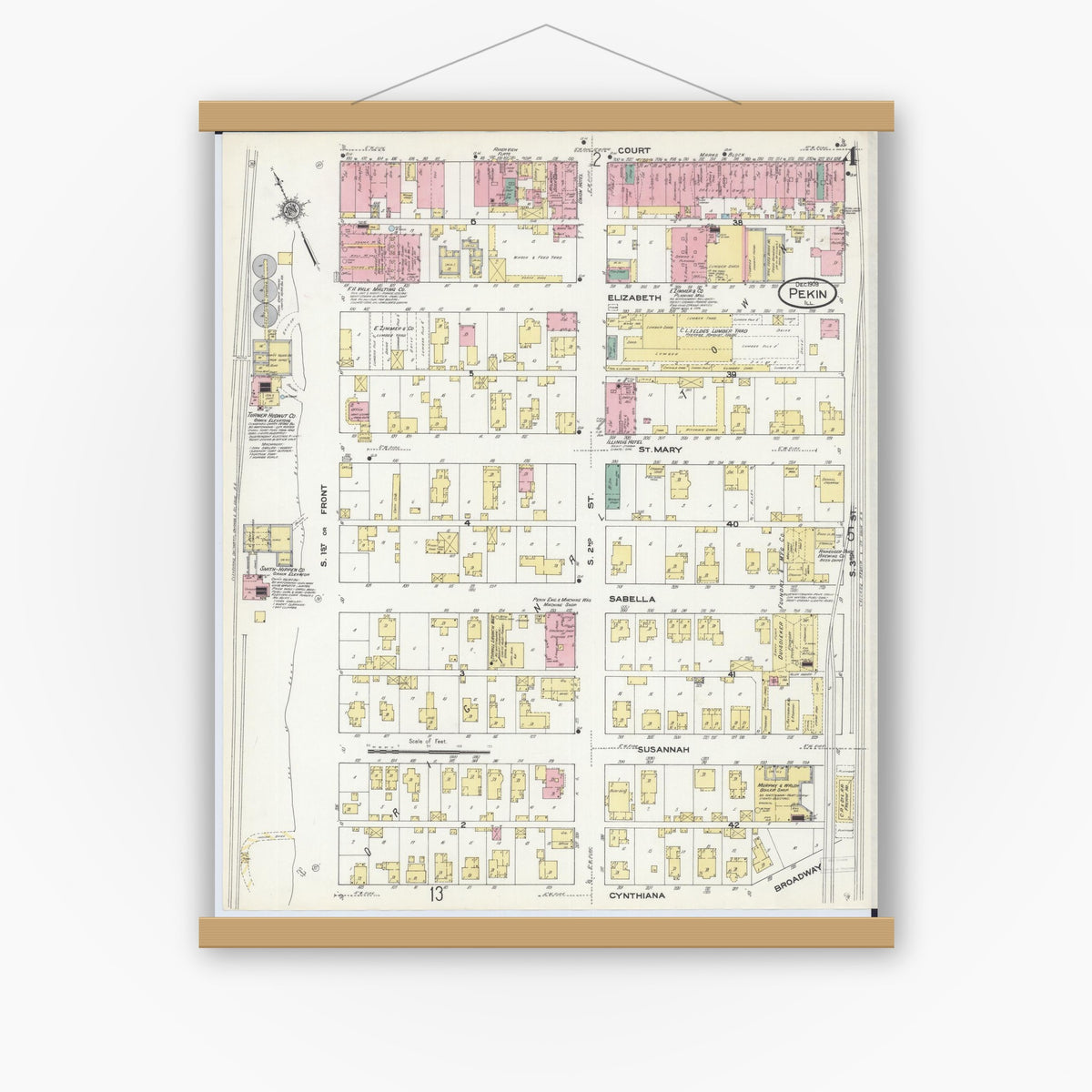Old map wall art mockup — magnetic wood frame on white wall — Sanborn Fire Insurance Map from Pekin, Tazewell County, Illinois (1909), Sheet #0004