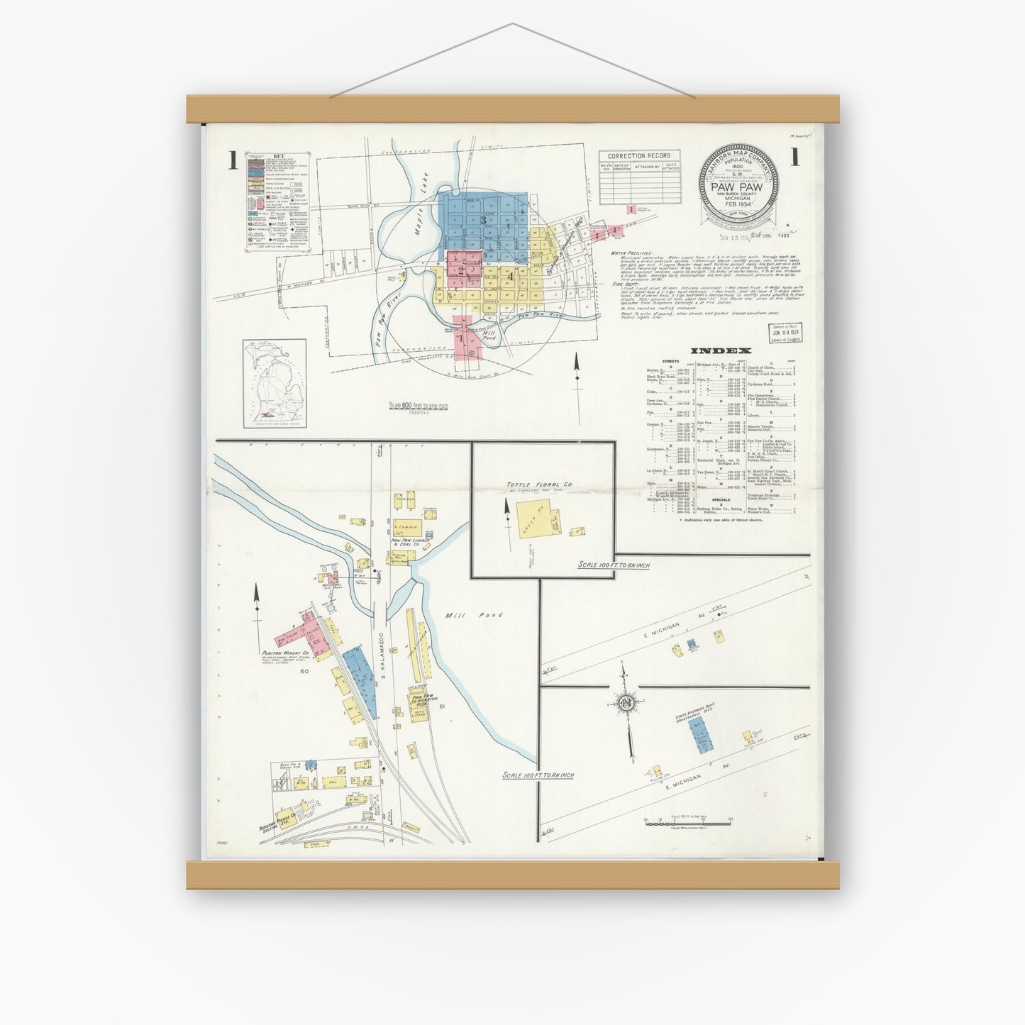 Old map wall art mockup — magnetic wood frame on white wall — Sanborn Fire Insurance Map from Paw Paw, Van Buren County, Michigan (1934) - Complete Map Set