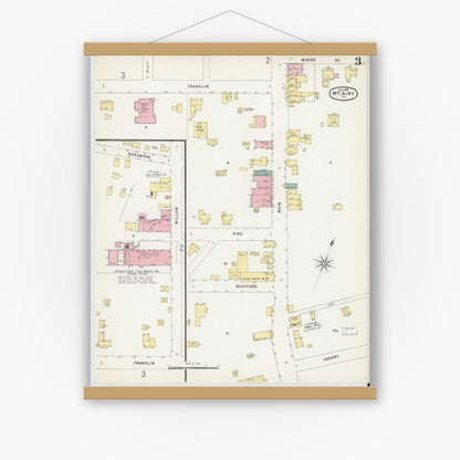 Old map wall art mockup — magnetic wood frame on white wall — Sanborn Fire Insurance Map from Mount Airy, Surry County, North Carolina (1896), Sheet #0003