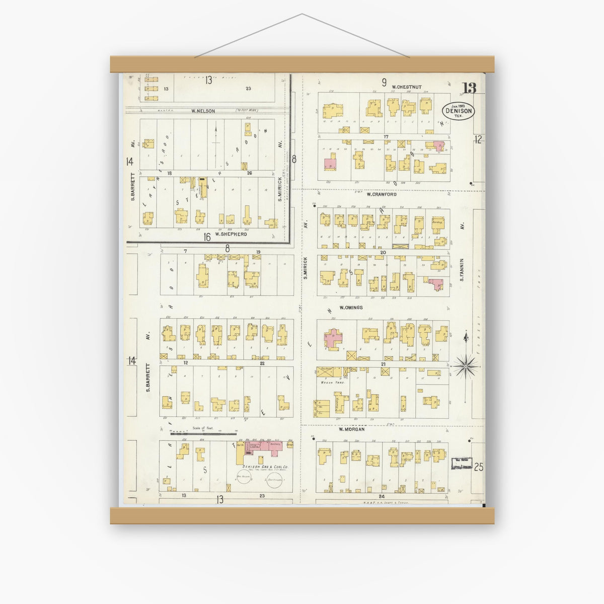 Old map wall art mockup — magnetic wood frame on white wall — Sanborn Fire Insurance Map from Denison, Grayson County, Texas (1903), Sheet #0013