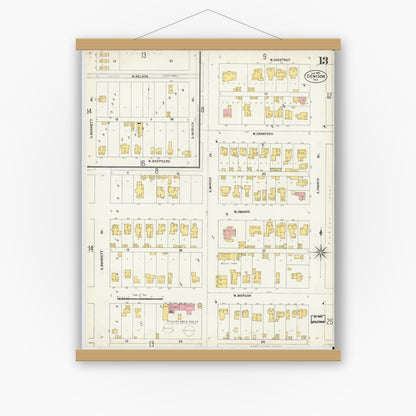 Old map wall art mockup — magnetic wood frame on white wall — Sanborn Fire Insurance Map from Denison, Grayson County, Texas (1903), Sheet #0013