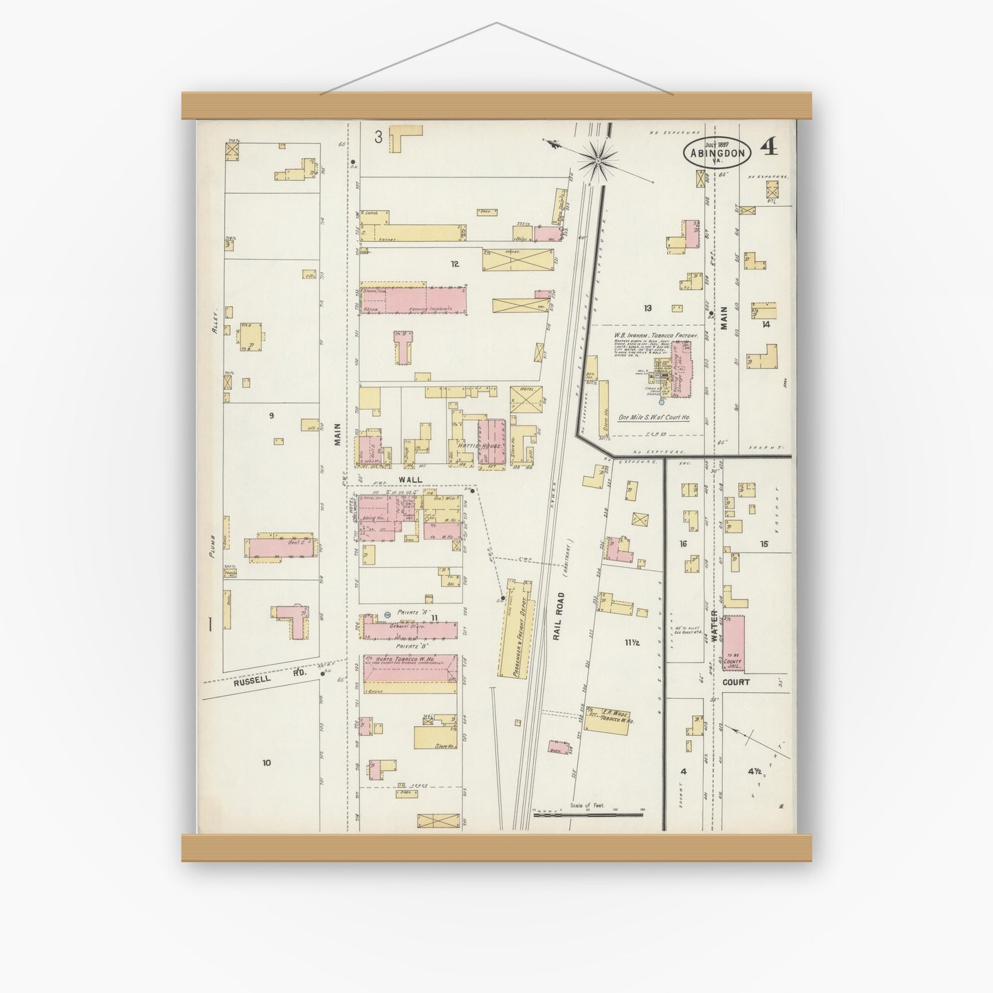 Old map wall art mockup — magnetic wood frame on white wall — Sanborn Fire Insurance Map from Abingdon, Washington County, Virginia (1897), Sheet #0004