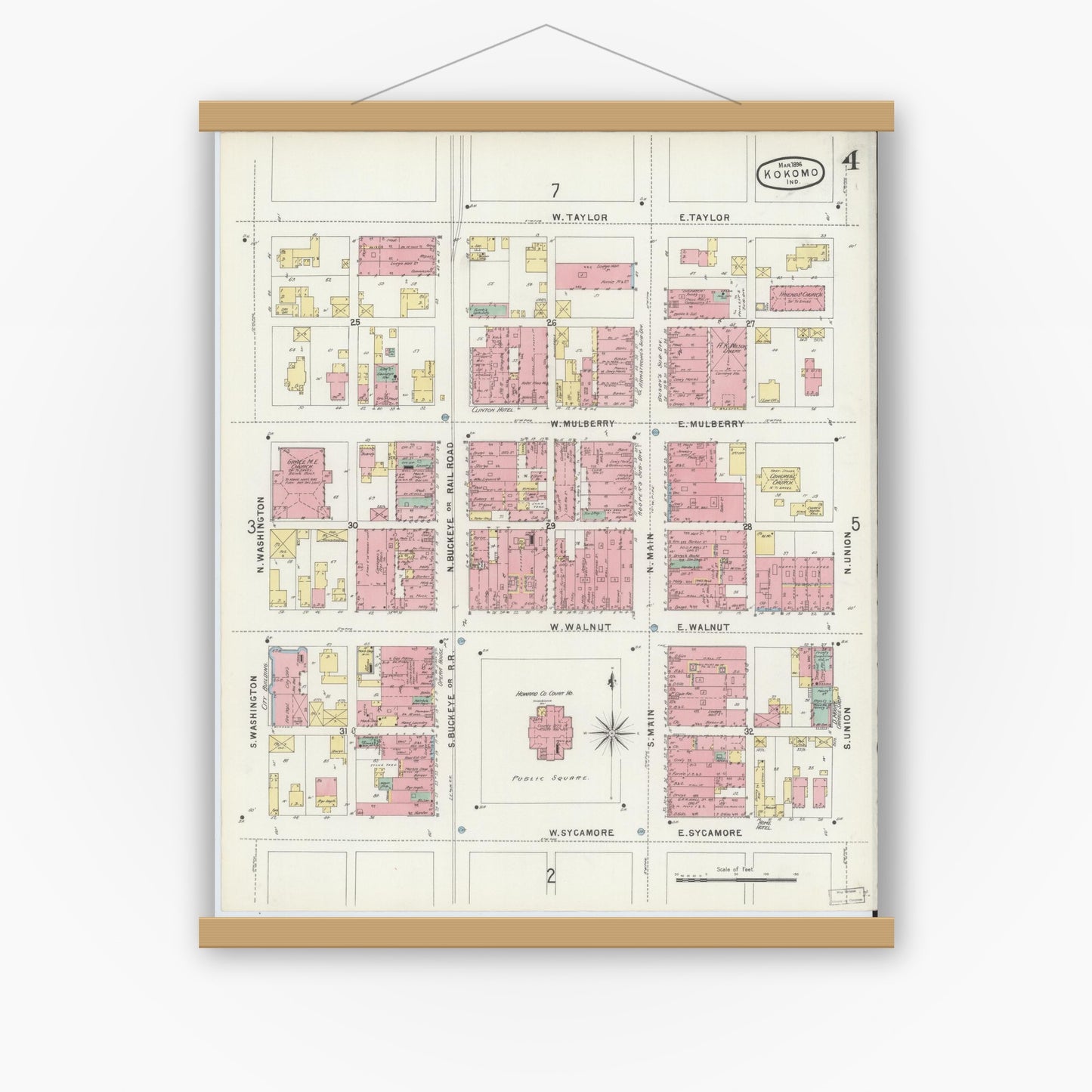 Old map wall art mockup — magnetic wood frame on white wall — Sanborn Fire Insurance Map from Kokomo, Howard County, Indiana (1896), Sheet #0004