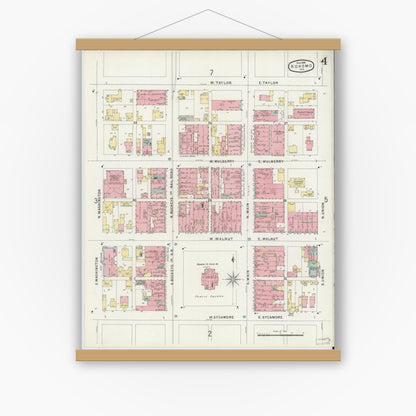 Old map wall art mockup — magnetic wood frame on white wall — Sanborn Fire Insurance Map from Kokomo, Howard County, Indiana (1896), Sheet #0004