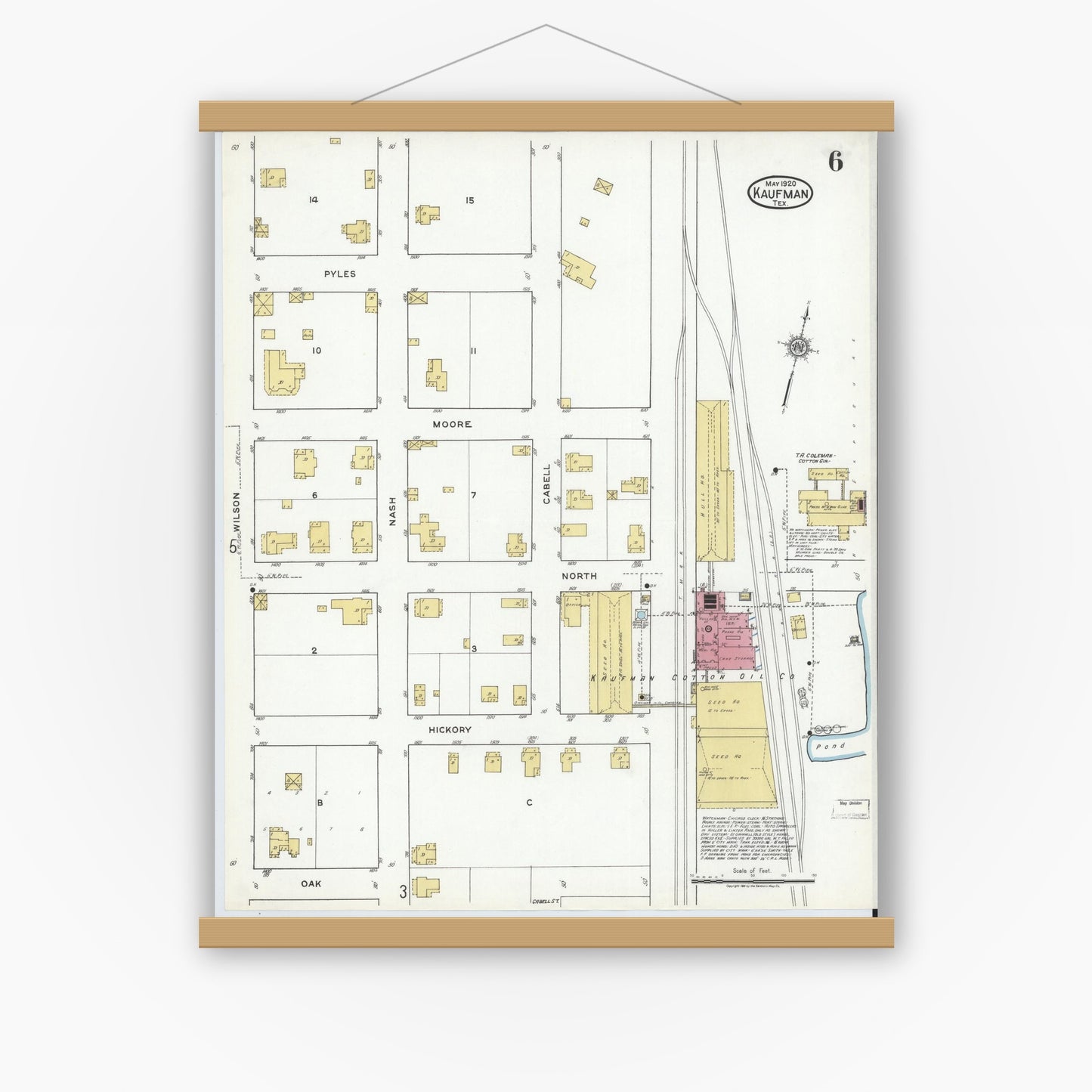 Old map wall art mockup — magnetic wood frame on white wall — Sanborn Fire Insurance Map from Kaufman, Kaufman County, Texas (1920), Sheet #0006