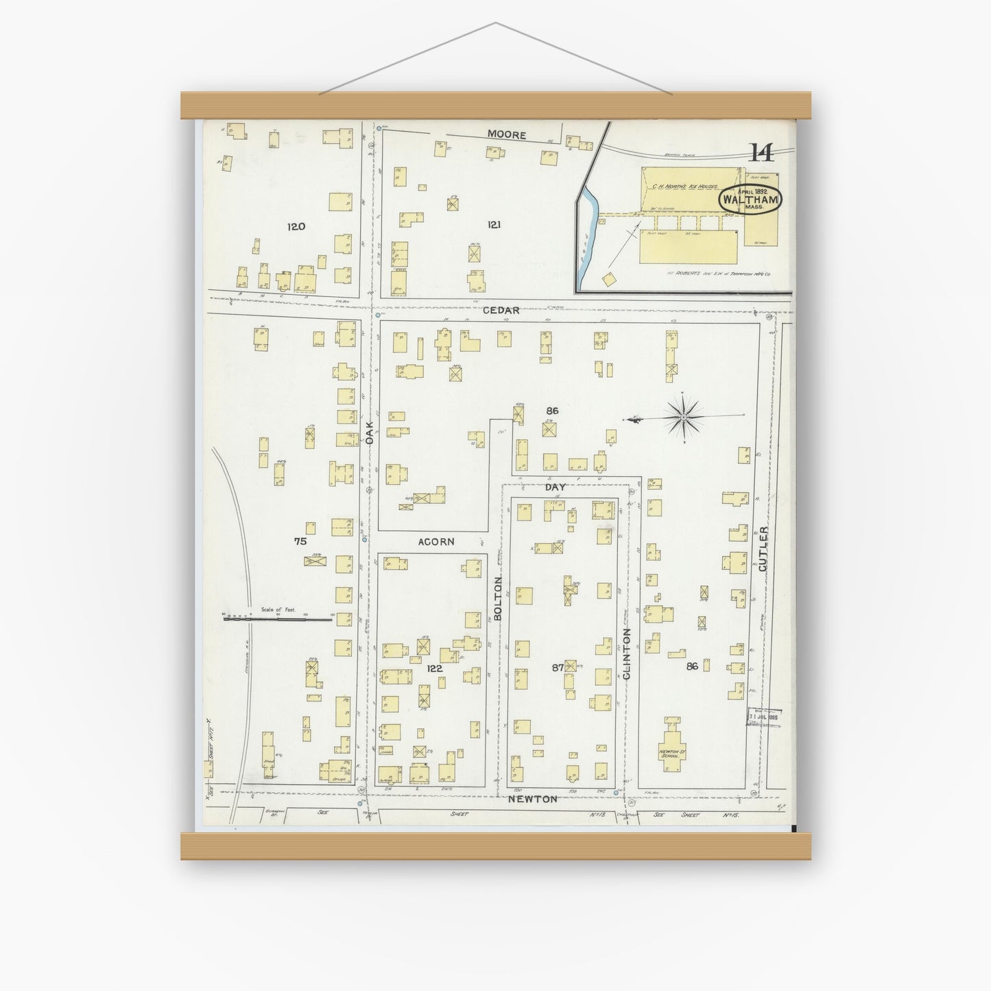 Old map wall art mockup — magnetic wood frame on white wall — Sanborn Fire Insurance Map from Waltham, Middlesex County, Massachusetts (1892), Sheet #0014