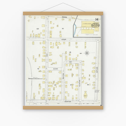 Old map wall art mockup — magnetic wood frame on white wall — Sanborn Fire Insurance Map from Waltham, Middlesex County, Massachusetts (1892), Sheet #0014