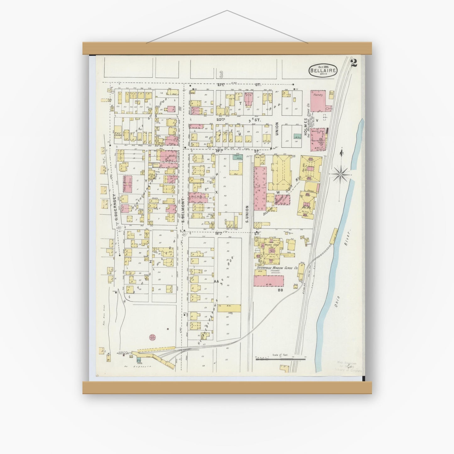 Old map wall art mockup — magnetic wood frame on white wall — Sanborn Fire Insurance Map from Bellaire, Belmont County, Ohio (1895), Sheet #0002