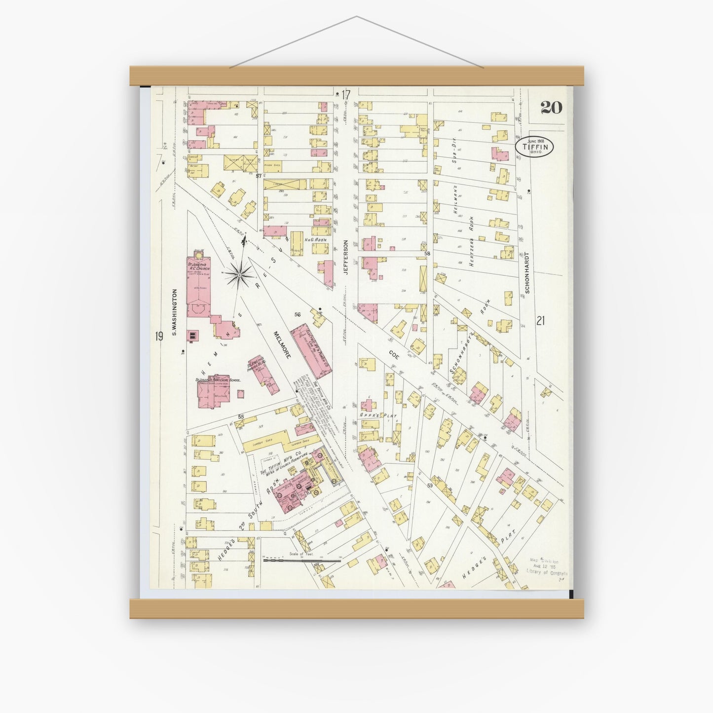 Old map wall art mockup — magnetic wood frame on white wall — Sanborn Fire Insurance Map from Tiffin, Seneca County, Ohio (1908), Sheet #0020