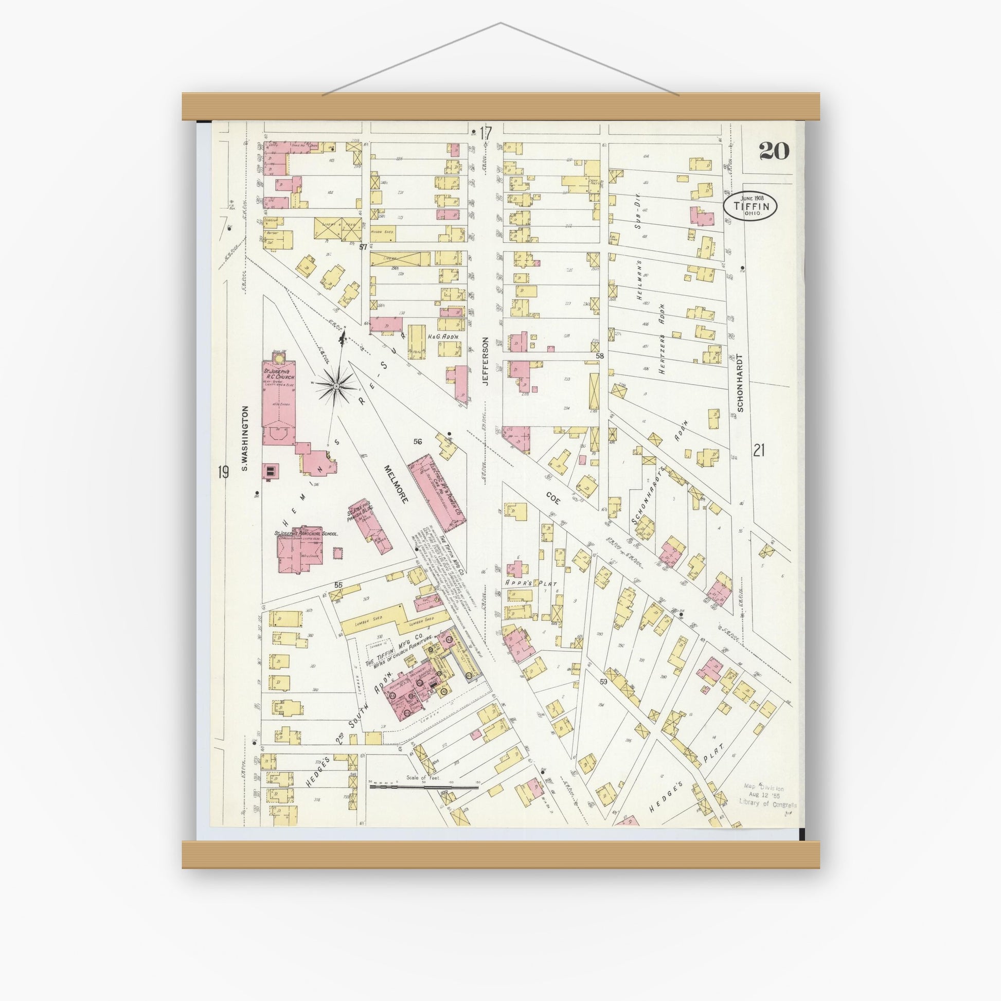 Old map wall art mockup — magnetic wood frame on white wall — Sanborn Fire Insurance Map from Tiffin, Seneca County, Ohio (1908), Sheet #0020