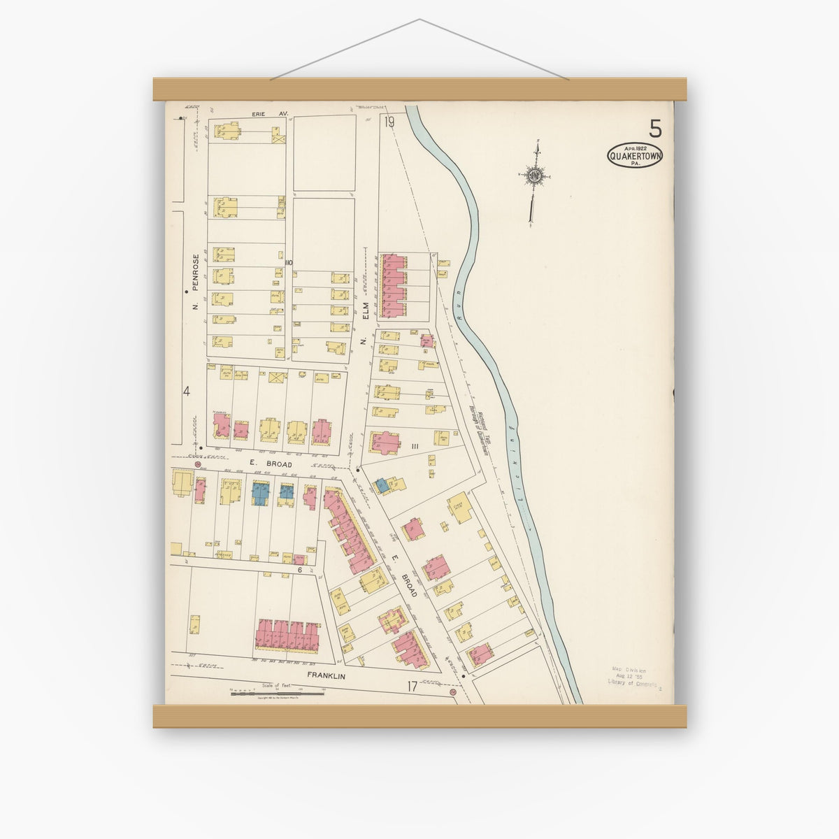 Old map wall art mockup — magnetic wood frame on white wall — Sanborn Fire Insurance Map from Quakertown, Bucks County, Pennsylvania (1922), Sheet #0005