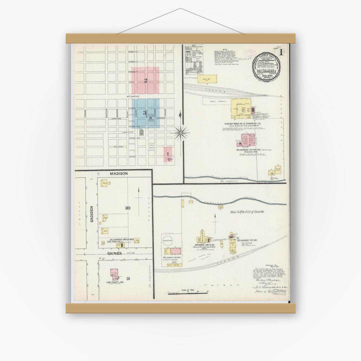 Old map wall art mockup — magnetic wood frame on white wall — Sanborn Fire Insurance Map from Tallahassee, Leon County, Florida (1890) - Complete Map Set