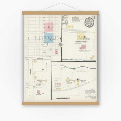 Old map wall art mockup — magnetic wood frame on white wall — Sanborn Fire Insurance Map from Tallahassee, Leon County, Florida (1890) - Complete Map Set