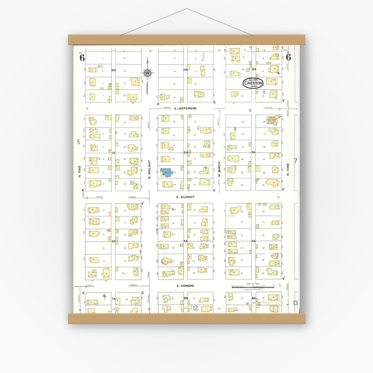 Old map wall art mockup — magnetic wood frame on white wall — Sanborn Fire Insurance Map from Creston, Union County, Iowa (1923), Sheet #0006