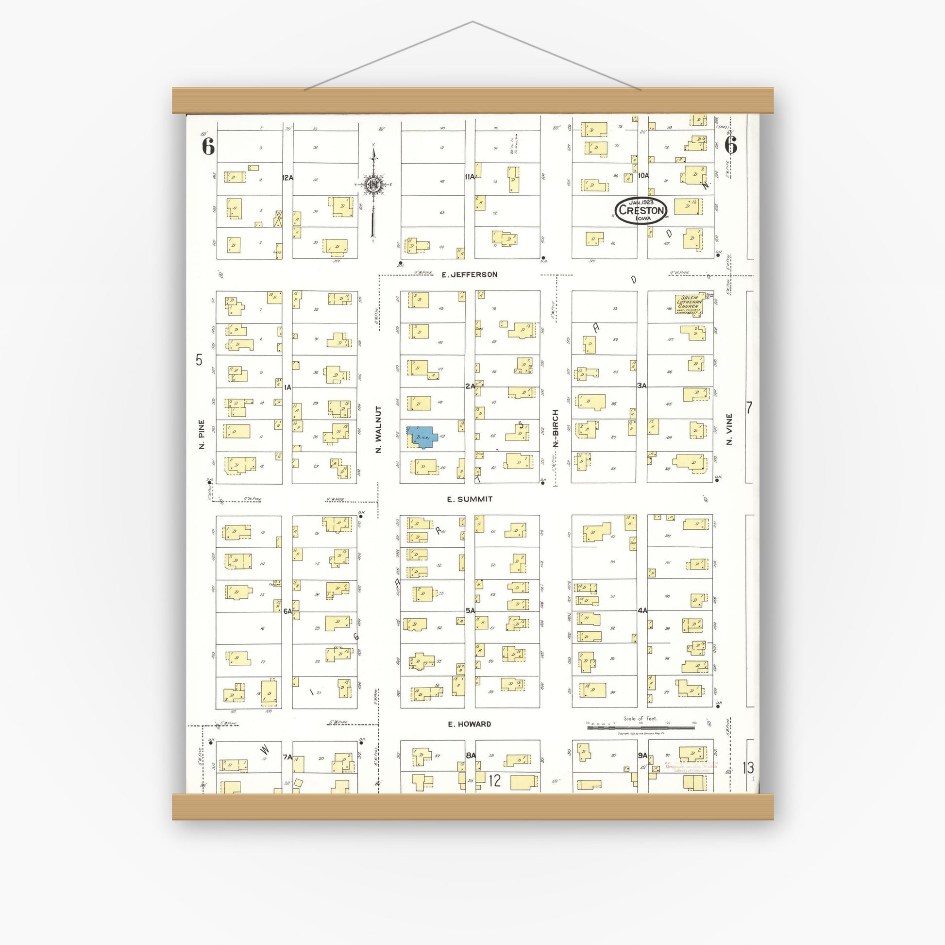 Old map wall art mockup — magnetic wood frame on white wall — Sanborn Fire Insurance Map from Creston, Union County, Iowa (1923), Sheet #0006