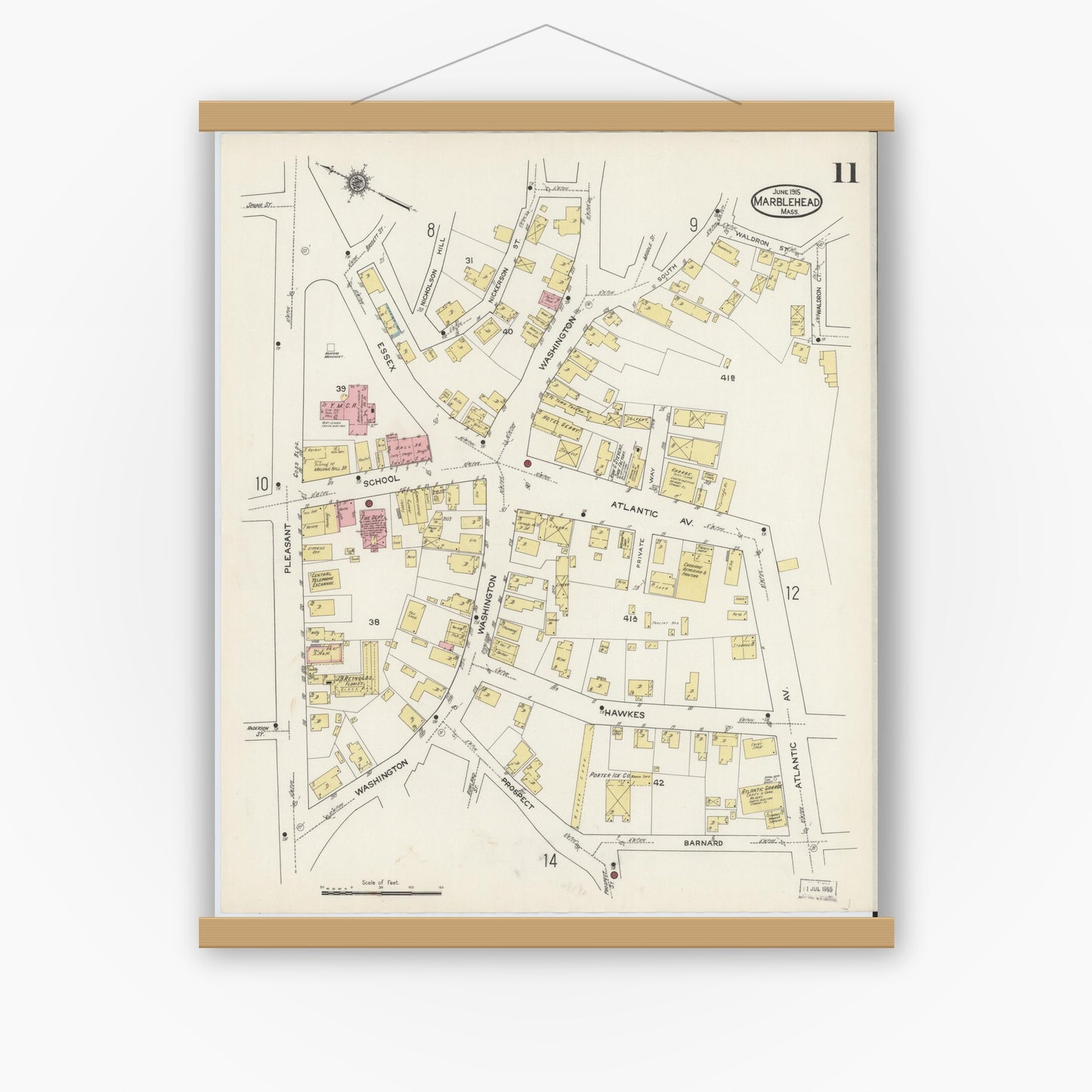 Old map wall art mockup — magnetic wood frame on white wall — Sanborn Fire Insurance Map from Marblehead, Essex County, Massachusetts (1915), Sheet #0011