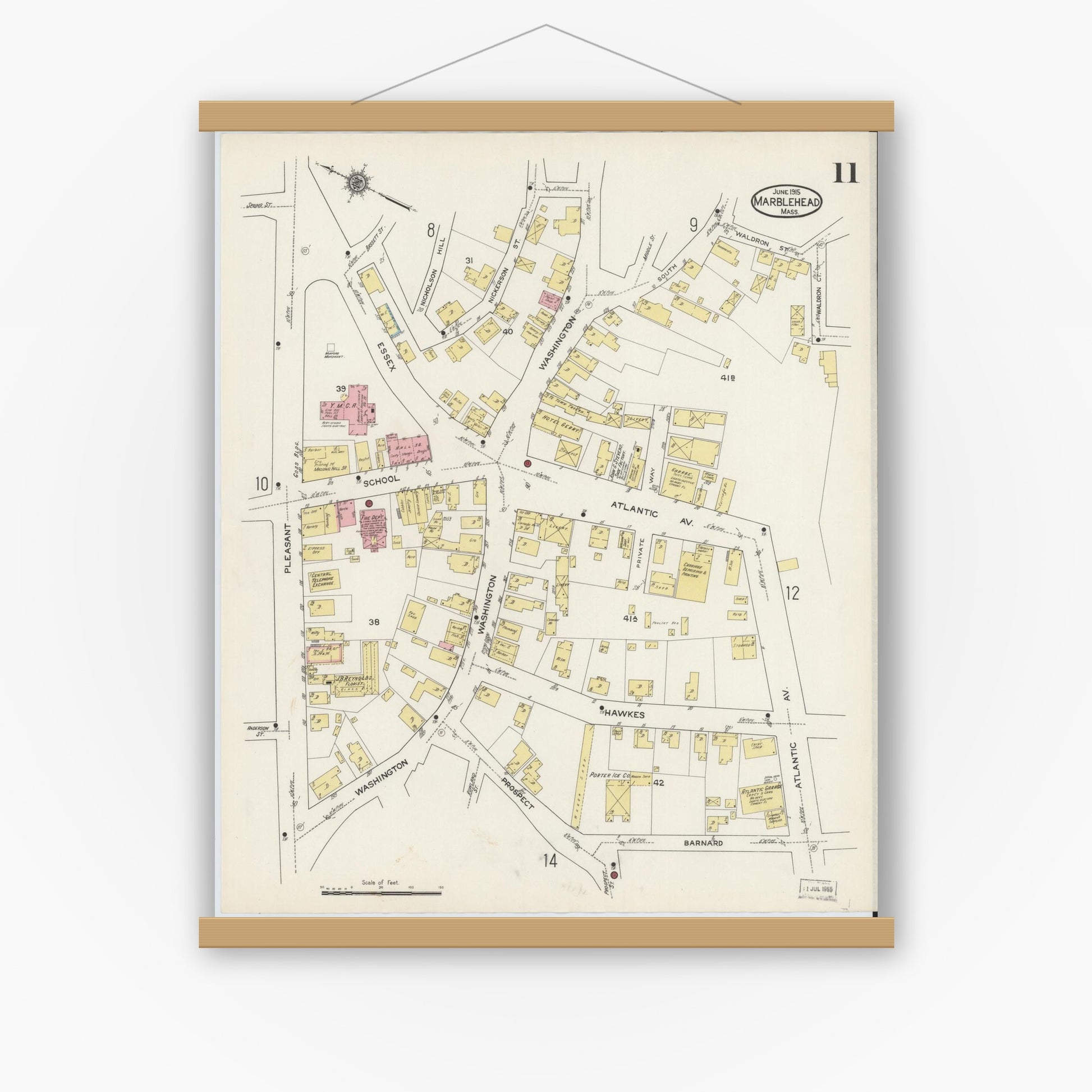 Old map wall art mockup — magnetic wood frame on white wall — Sanborn Fire Insurance Map from Marblehead, Essex County, Massachusetts (1915), Sheet #0011