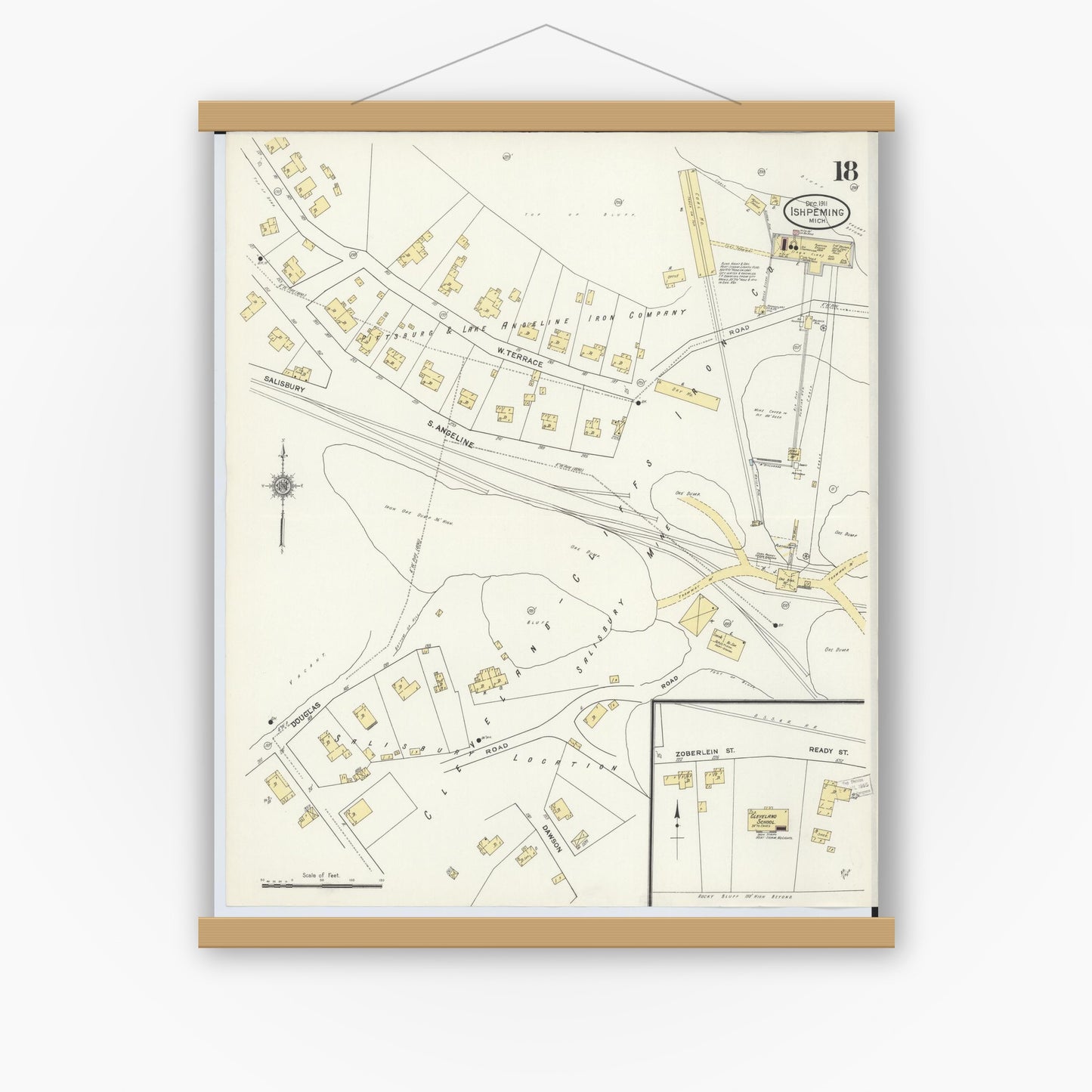 Old map wall art mockup — magnetic wood frame on white wall — Sanborn Fire Insurance Map from Ishpeming, Marquette County, Michigan (1911), Sheet #0018