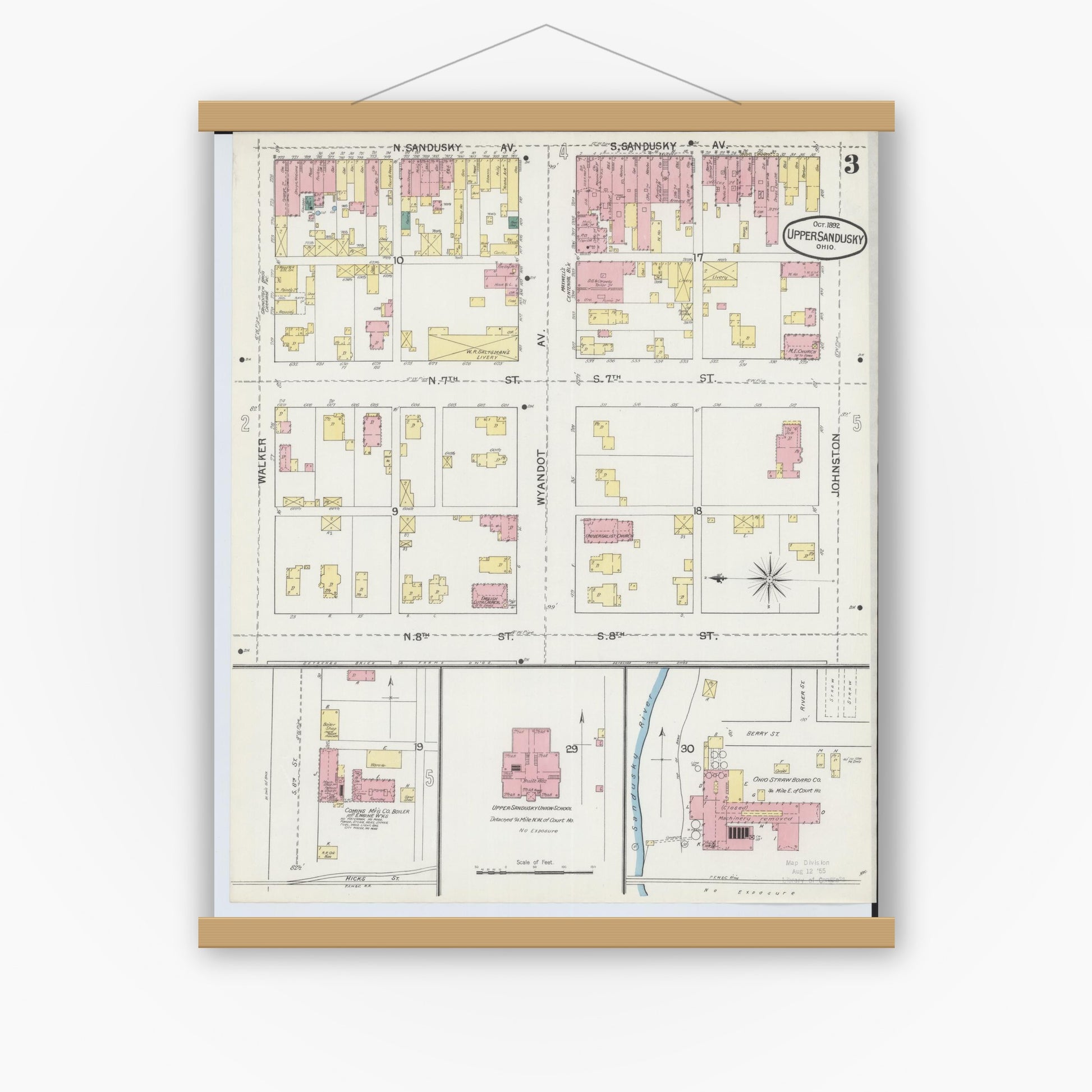 Old map wall art mockup — magnetic wood frame on white wall — Sanborn Fire Insurance Map from Upper Sandusky, Wyandot County, Ohio (1892), Sheet #0003