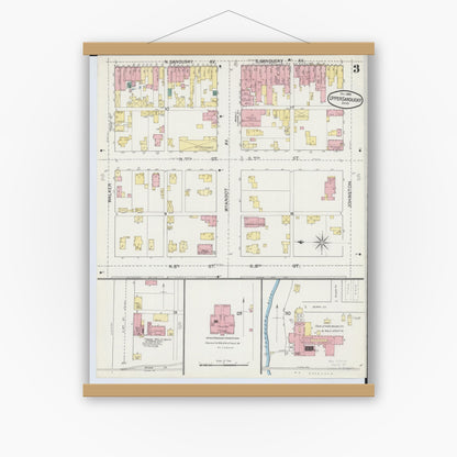 Old map wall art mockup — magnetic wood frame on white wall — Sanborn Fire Insurance Map from Upper Sandusky, Wyandot County, Ohio (1892), Sheet #0003