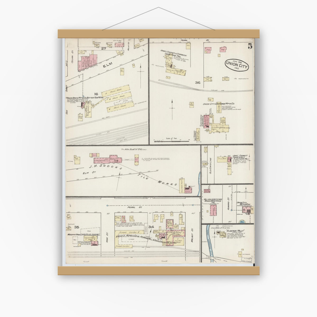 Old map wall art mockup — magnetic wood frame on white wall — Sanborn Fire Insurance Map from Union City, Randolph County, Indiana (1885), Sheet #0005