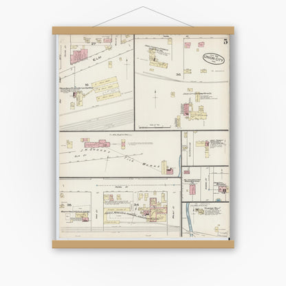 Old map wall art mockup — magnetic wood frame on white wall — Sanborn Fire Insurance Map from Union City, Randolph County, Indiana (1885), Sheet #0005