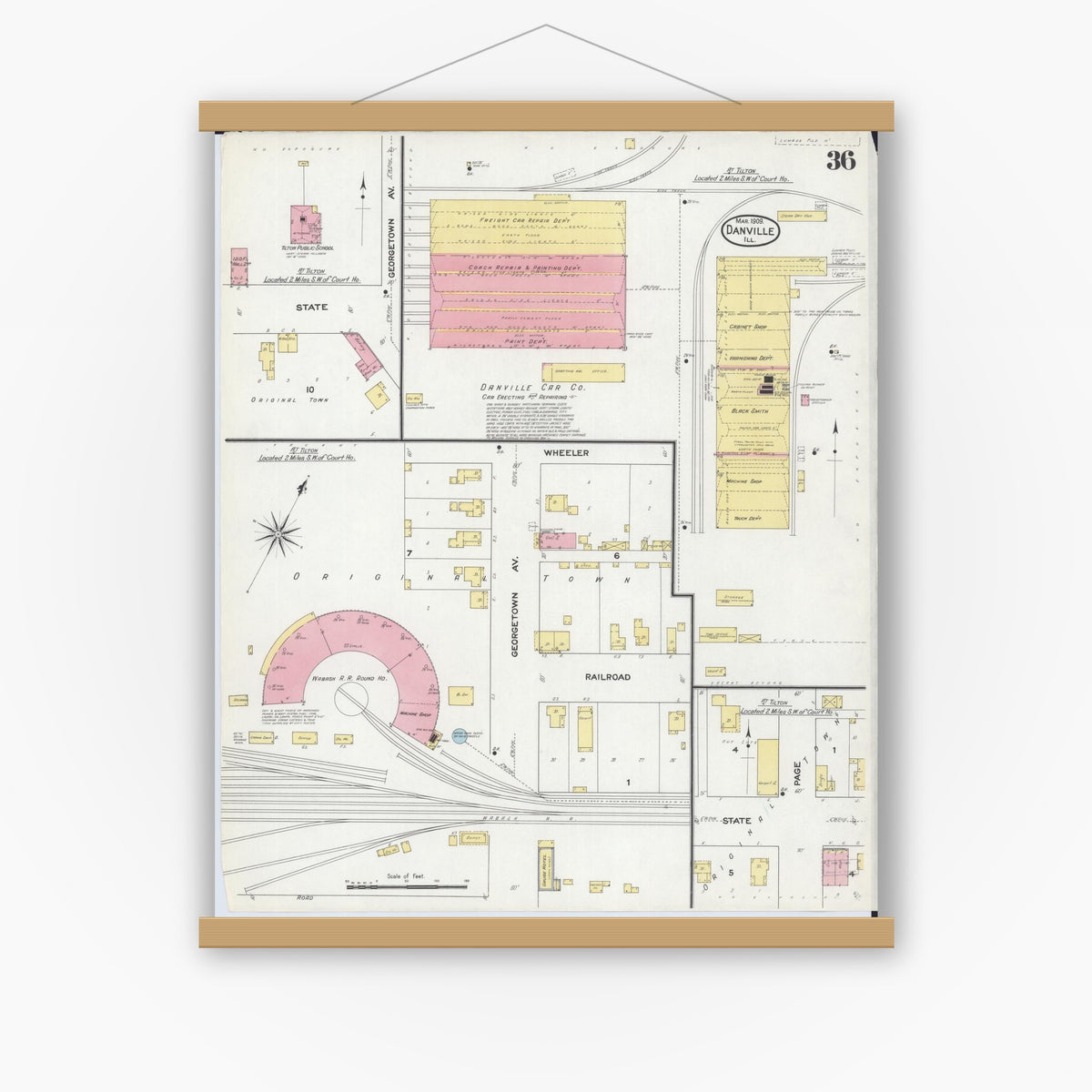Old map wall art mockup — magnetic wood frame on white wall — Sanborn Fire Insurance Map from Danville, Vermilion County, Illinois (1909), Sheet #0036