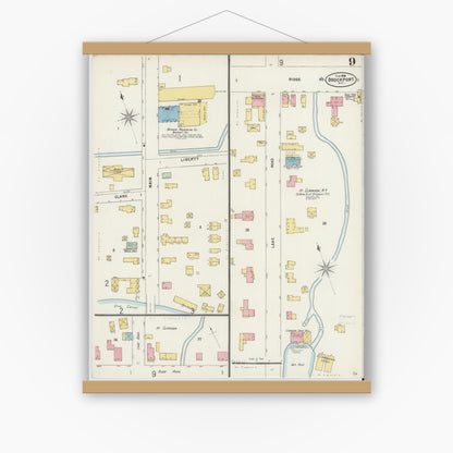 Old map wall art mockup — magnetic wood frame on white wall — Sanborn Fire Insurance Map from Brockport, Monroe County, New York (1898), Sheet #0009