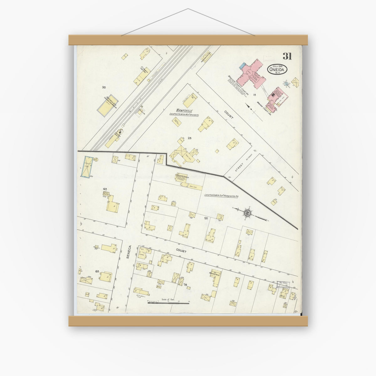 Old map wall art mockup — magnetic wood frame on white wall — Sanborn Fire Insurance Map from Oneida, Madison County, New York (1914), Sheet #0031