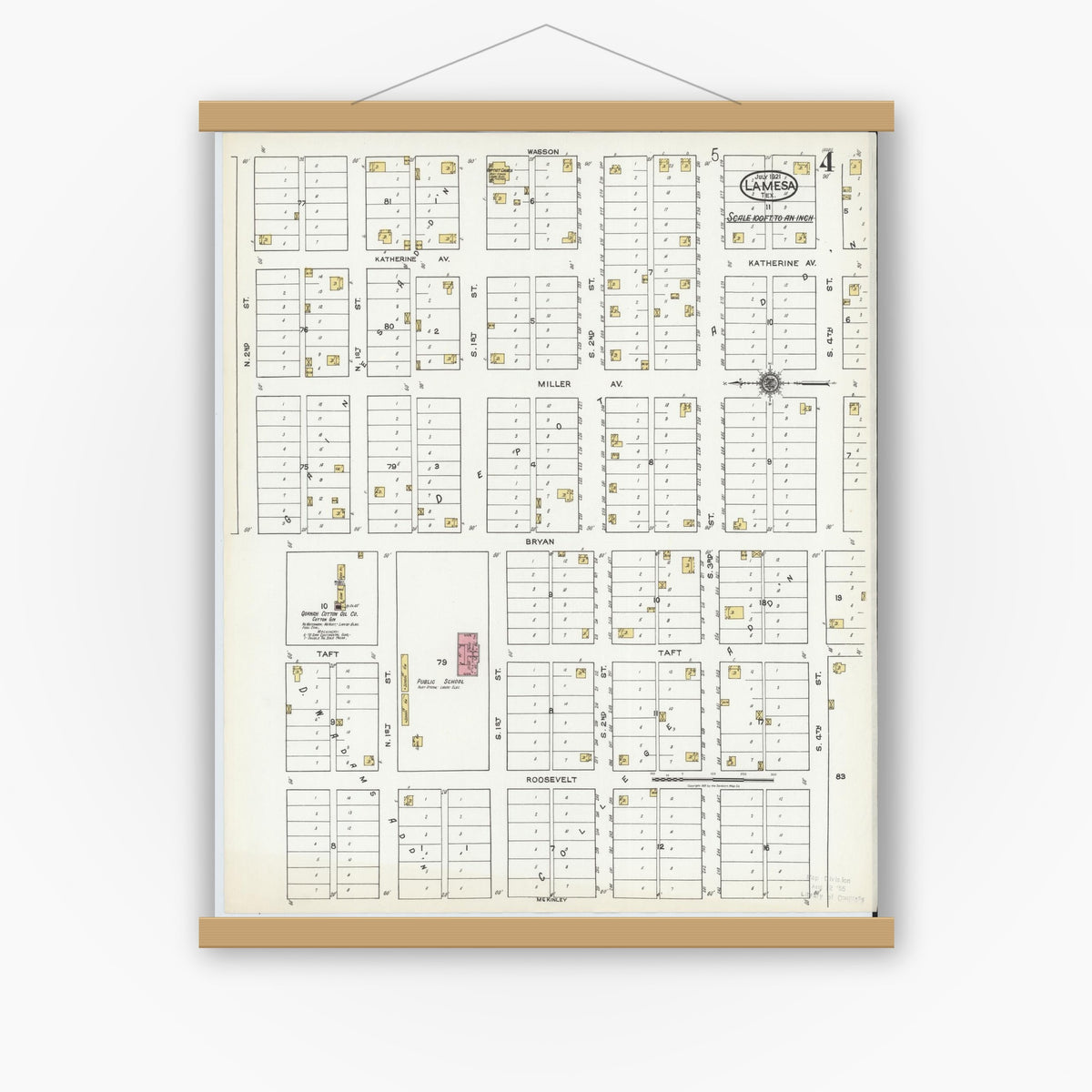 Old map wall art mockup — magnetic wood frame on white wall — Sanborn Fire Insurance Map from Lamesa, Dawson County, Texas (1921), Sheet #0004