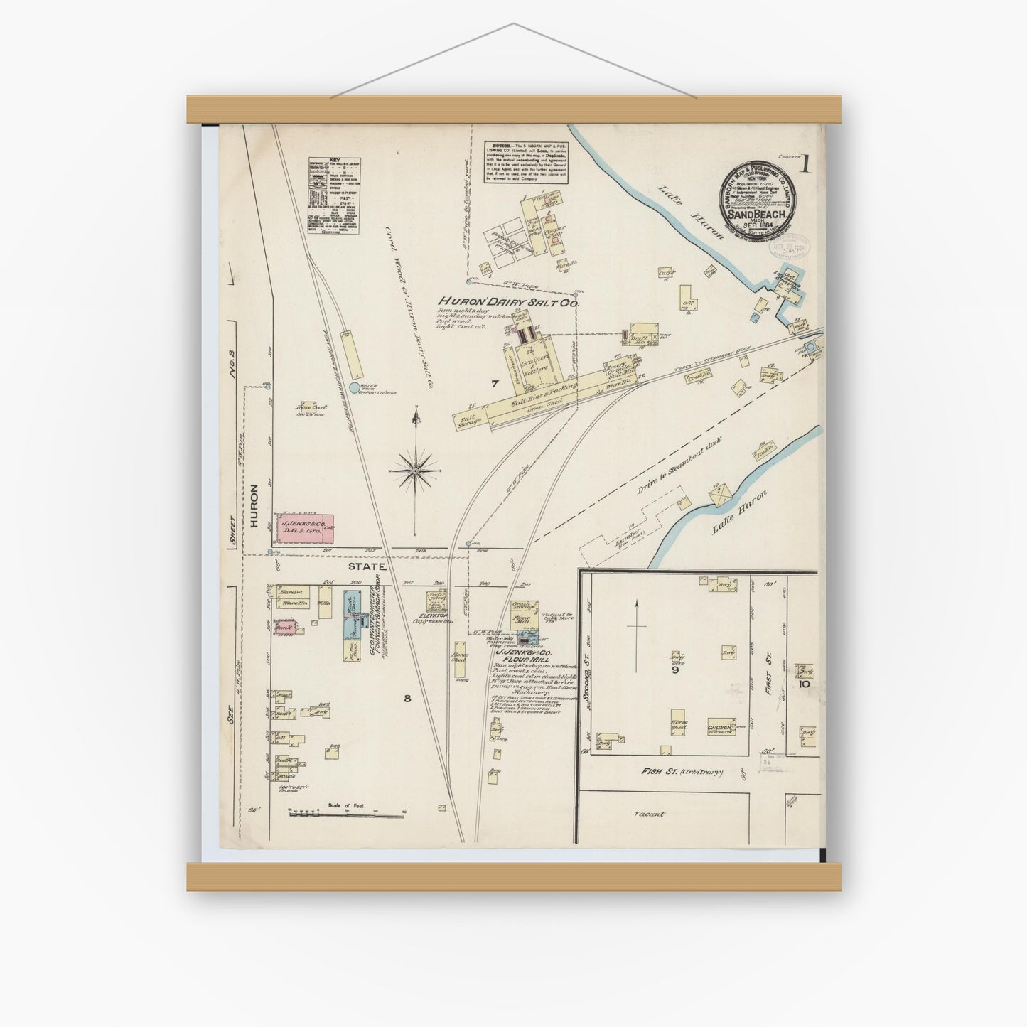 Old map wall art mockup — magnetic wood frame on white wall — Sanborn Fire Insurance Map from Sand Beach, Huron County, Michigan (1884) - Complete Map Set