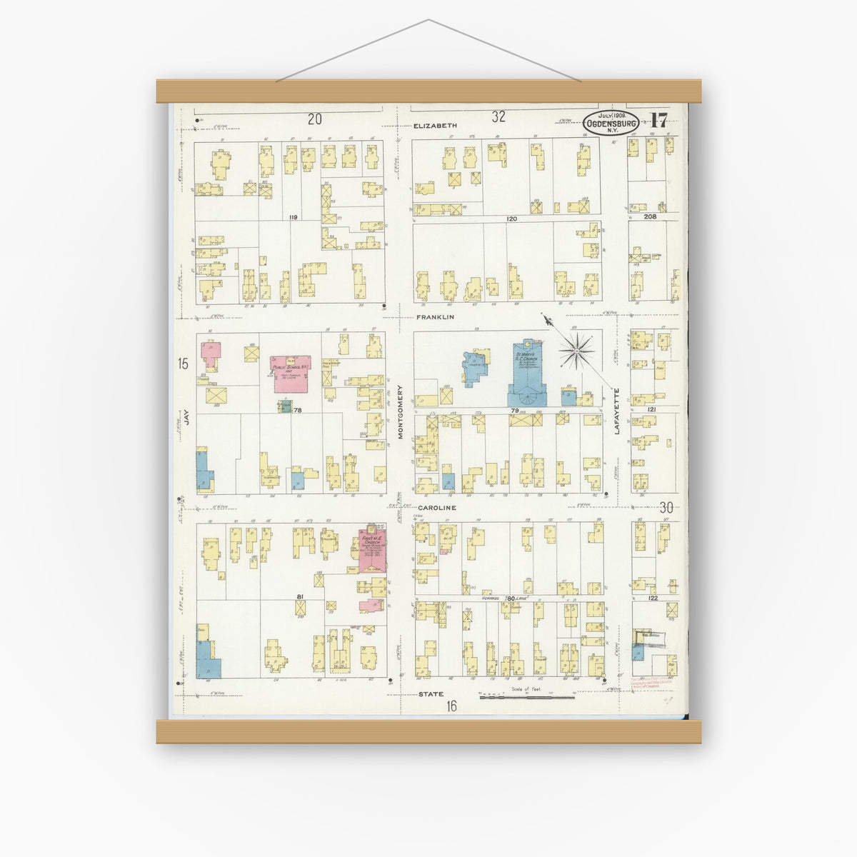 Old map wall art mockup — magnetic wood frame on white wall — Sanborn Fire Insurance Map from Ogdensburg, St. Lawrence County, New York (1909), Sheet #0017