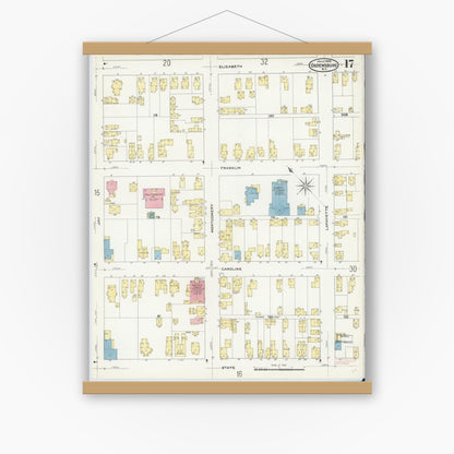 Old map wall art mockup — magnetic wood frame on white wall — Sanborn Fire Insurance Map from Ogdensburg, St. Lawrence County, New York (1909), Sheet #0017