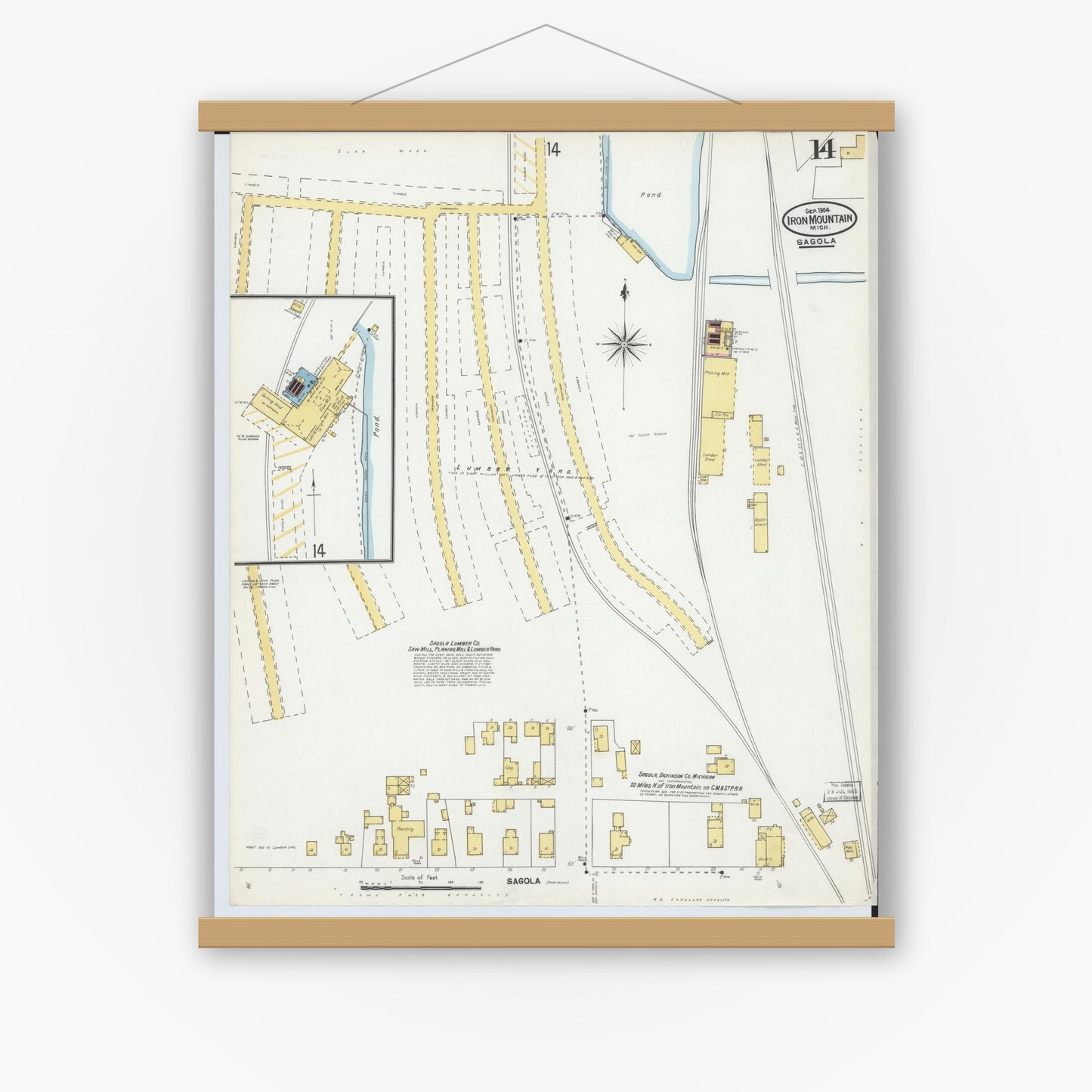 Old map wall art mockup — magnetic wood frame on white wall — Sanborn Fire Insurance Map from Iron Mountain, Dickinson County, Michigan (1904), Sheet #0014