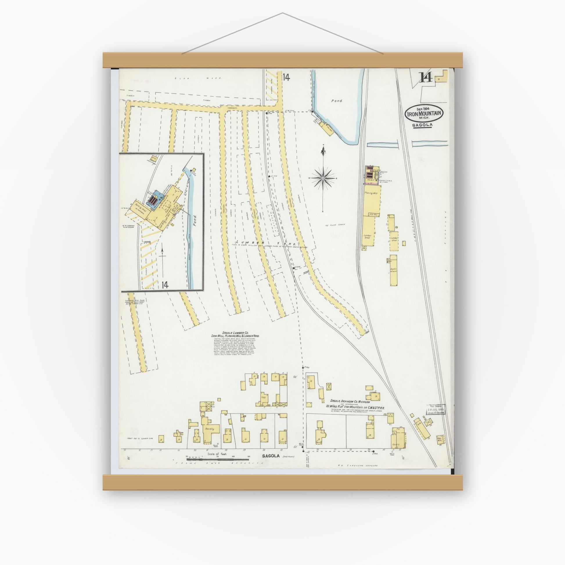 Old map wall art mockup — magnetic wood frame on white wall — Sanborn Fire Insurance Map from Iron Mountain, Dickinson County, Michigan (1904), Sheet #0014