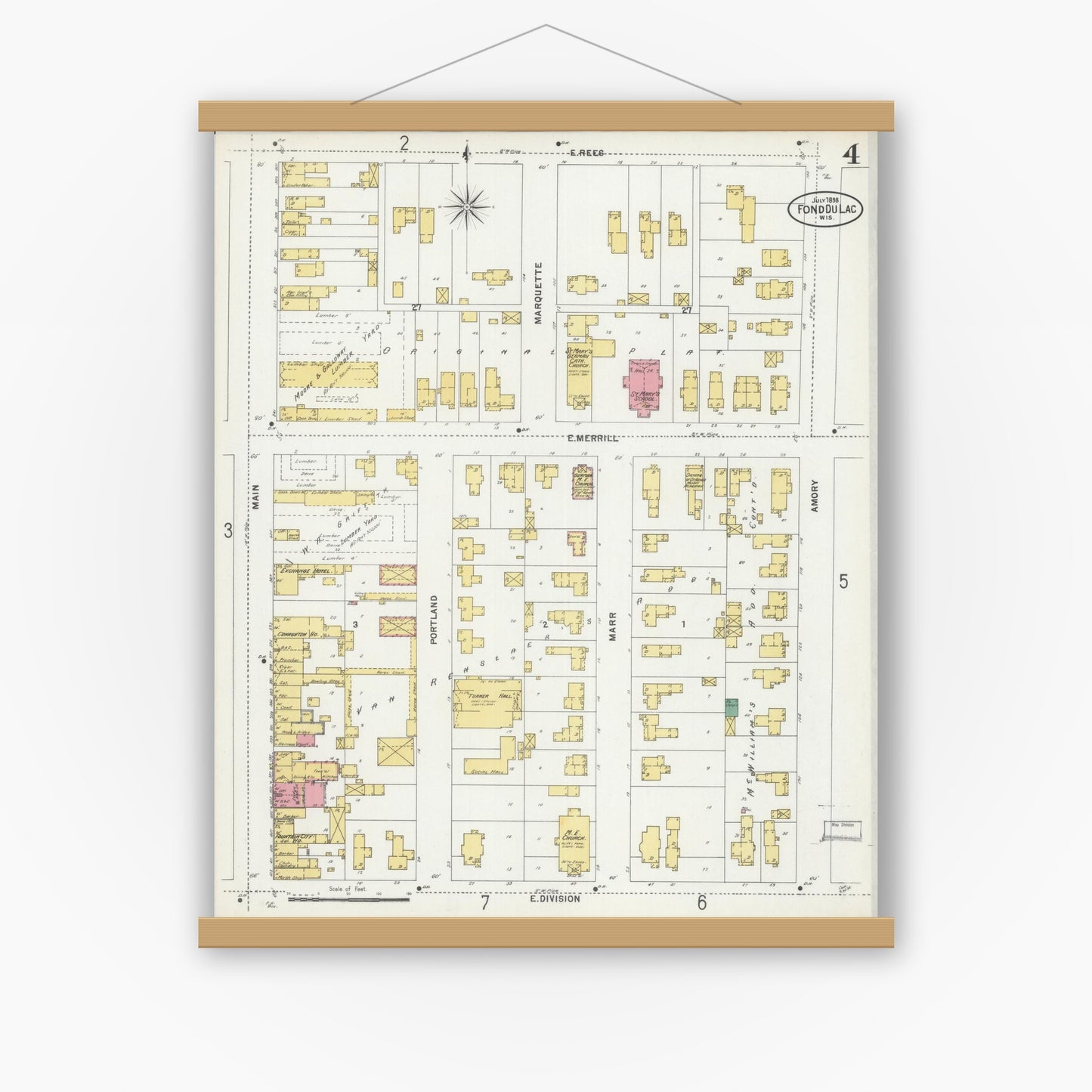Old map wall art mockup — magnetic wood frame on white wall — Sanborn Fire Insurance Map from Fond du Lac, Fond du Lac County, Wisconsin (1898), Sheet #0004