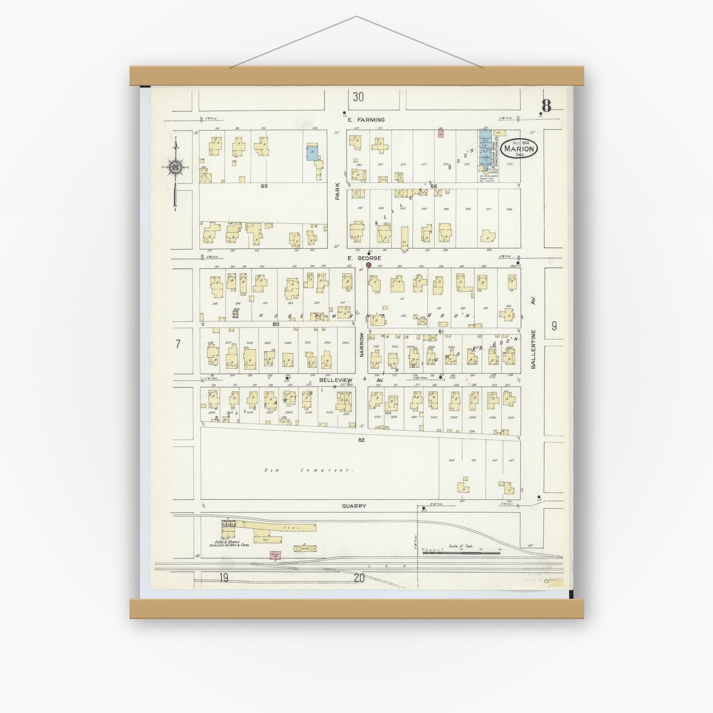 Old map wall art mockup — magnetic wood frame on white wall — Sanborn Fire Insurance Map from Marion, Marion County, Ohio (1914), Sheet #0008