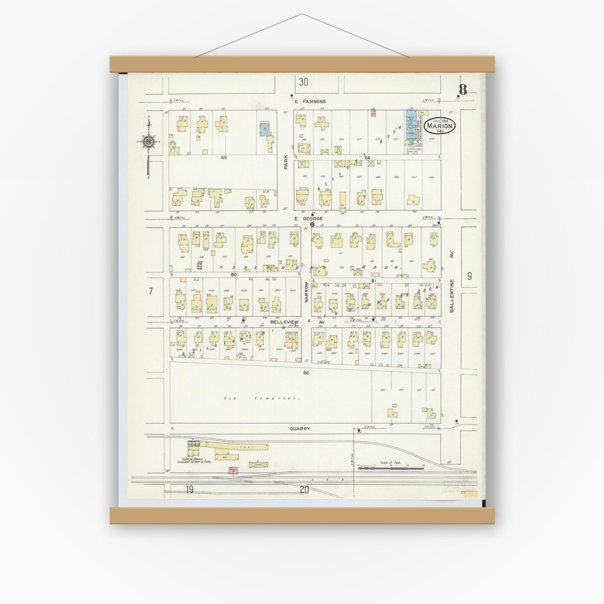 Old map wall art mockup — magnetic wood frame on white wall — Sanborn Fire Insurance Map from Marion, Marion County, Ohio (1914), Sheet #0008