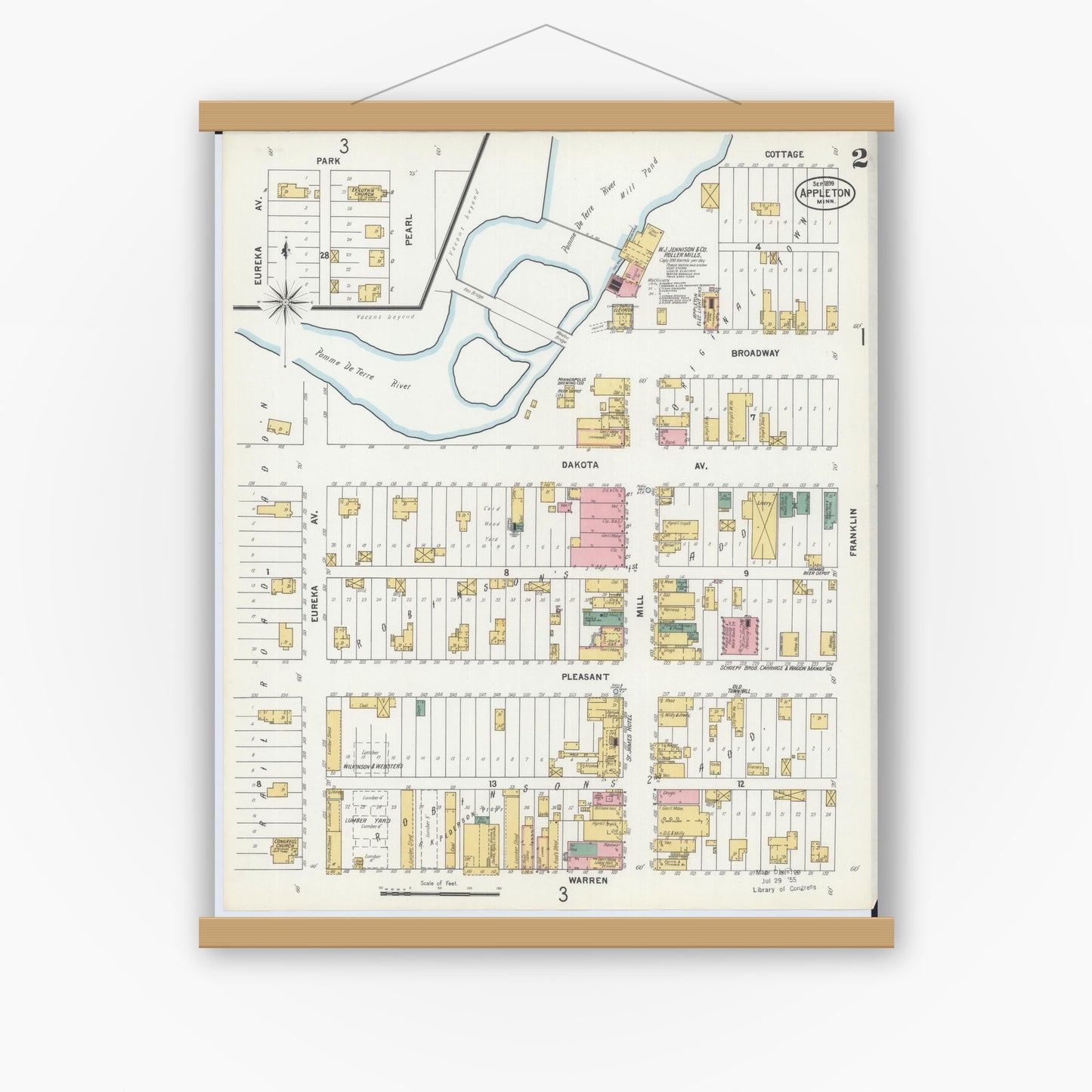 Old map wall art mockup — magnetic wood frame on white wall — Sanborn Fire Insurance Map from Appleton, Swift County, Minnesota (1899), Sheet #0002
