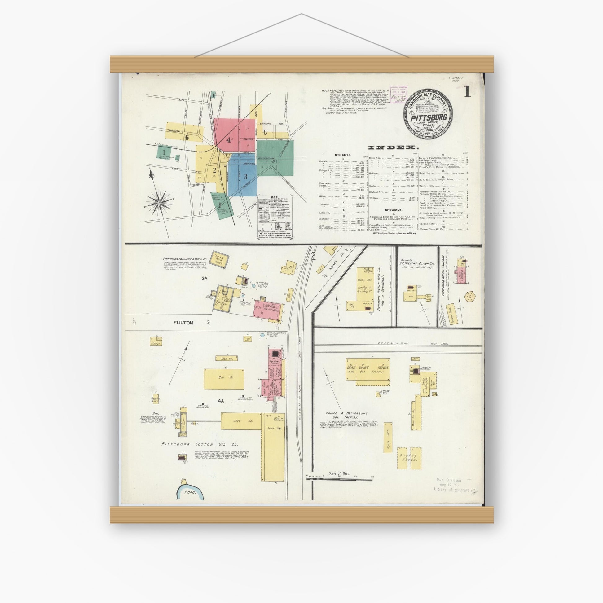 Old map wall art mockup — magnetic wood frame on white wall — Sanborn Fire Insurance Map from Pittsburg, Camp County, Texas (1906), Sheet #0001