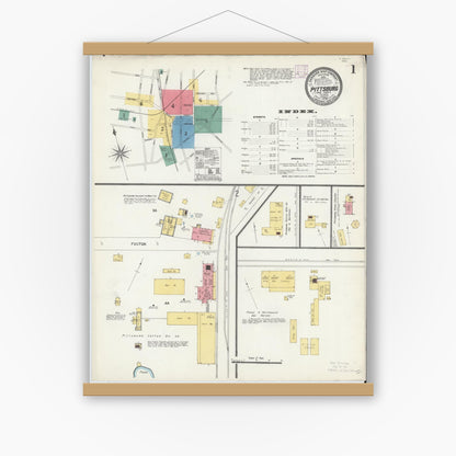 Old map wall art mockup — magnetic wood frame on white wall — Sanborn Fire Insurance Map from Pittsburg, Camp County, Texas (1906), Sheet #0001