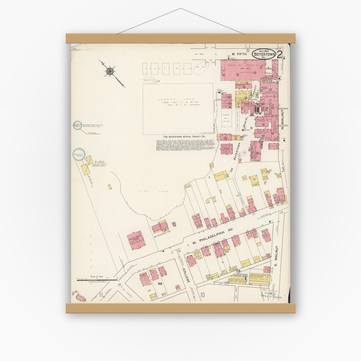 Old map wall art mockup — magnetic wood frame on white wall — Sanborn Fire Insurance Map from Boyertown, Berks County, Pennsylvania (1922), Sheet #0002