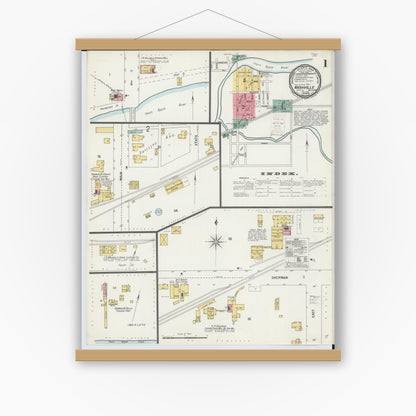 Old map wall art mockup — magnetic wood frame on white wall — Sanborn Fire Insurance Map from Nashville, Barry County, Michigan (1900) - Complete Map Set