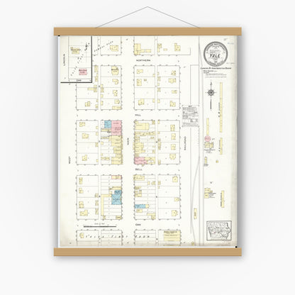 Old map wall art mockup — magnetic wood frame on white wall — Sanborn Fire Insurance Map from Yale, Guthrie County, Iowa (1914), Sheet #0001
