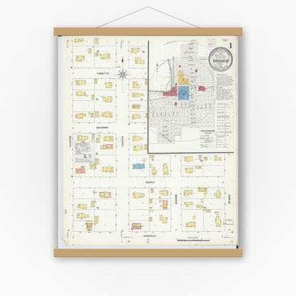 Old map wall art mockup — magnetic wood frame on white wall — Sanborn Fire Insurance Map from Brodhead, Green County, Wisconsin (1908) - Complete Map Set
