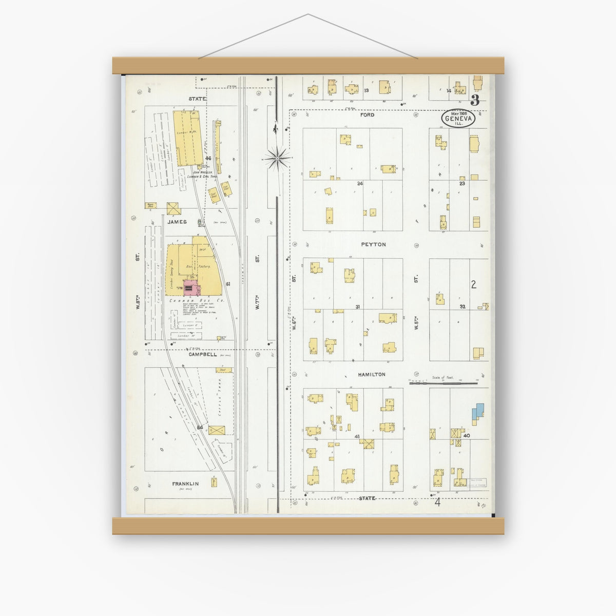 Old map wall art mockup — magnetic wood frame on white wall — Sanborn Fire Insurance Map from Geneva, Kane County, Illinois (1905), Sheet #0003