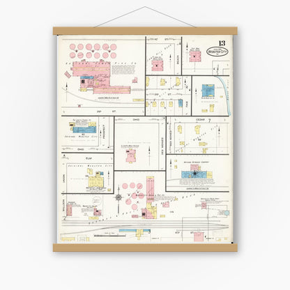 Old map wall art mockup — magnetic wood frame on white wall — Sanborn Fire Insurance Map from Webster City, Hamilton County, Iowa (1915), Sheet #0013