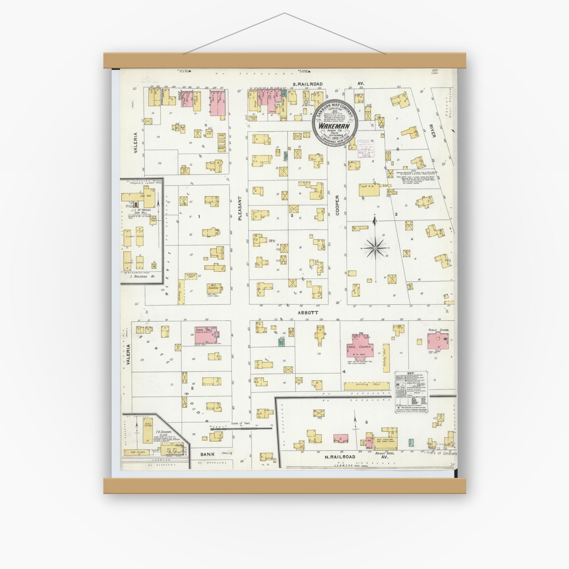 Old map wall art mockup — magnetic wood frame on white wall — Sanborn Fire Insurance Map from Wakeman, Huron County, Ohio (1905), Sheet #0001