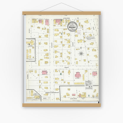 Old map wall art mockup — magnetic wood frame on white wall — Sanborn Fire Insurance Map from Wakeman, Huron County, Ohio (1905), Sheet #0001