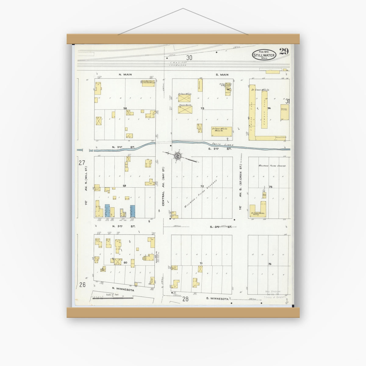 Old map wall art mockup — magnetic wood frame on white wall — Sanborn Fire Insurance Map from Stillwater, Washington County, Minnesota (1910), Sheet #0029
